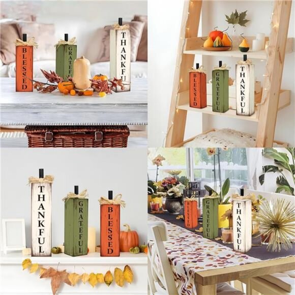 Thankful Blessed Grateful Tabletop Signs Thanksgiving Wooden Block Signs - Picture 7 of 8